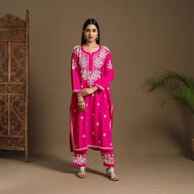 Pink Hand Embroidered Rayon Chikankari Kurta with Pant Set