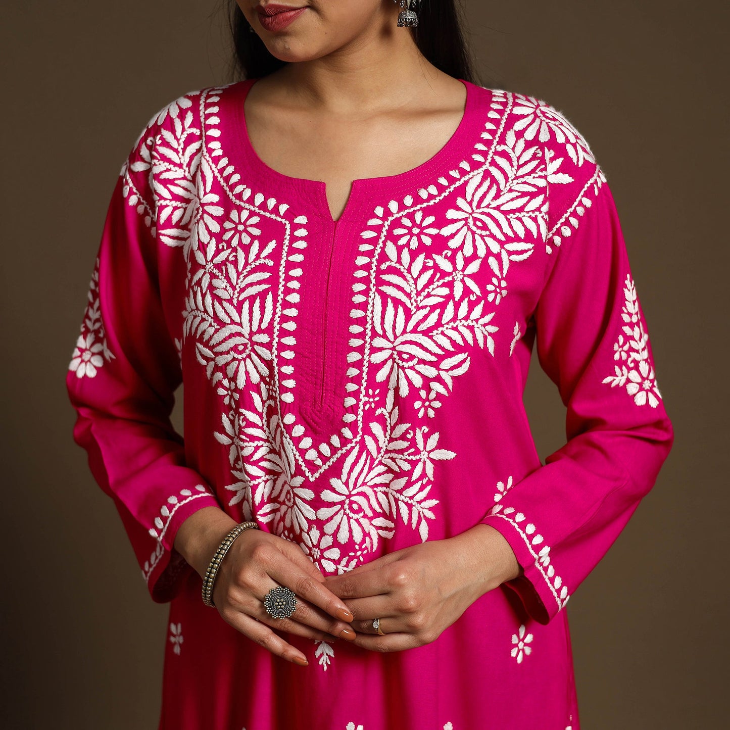 Pink Hand Embroidered Rayon Chikankari Kurta with Pant Set