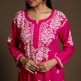 Pink Hand Embroidered Rayon Chikankari Kurta with Pant Set