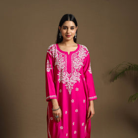 Pink Hand Embroidered Rayon Chikankari Kurta with Pant Set
