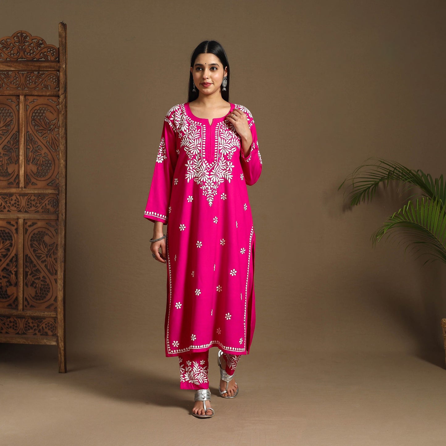 Pink Hand Embroidered Rayon Chikankari Kurta with Pant Set