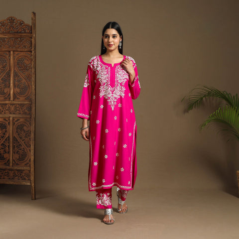 Pink Hand Embroidered Rayon Chikankari Kurta with Pant Set