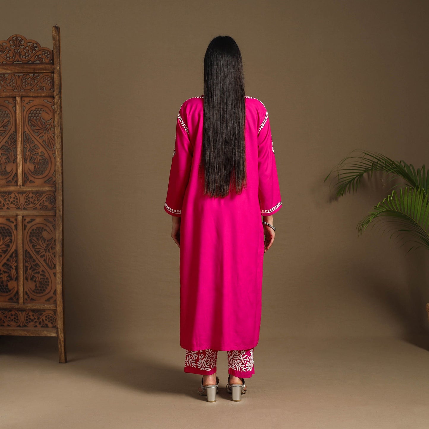 Pink Hand Embroidered Rayon Chikankari Kurta with Pant Set