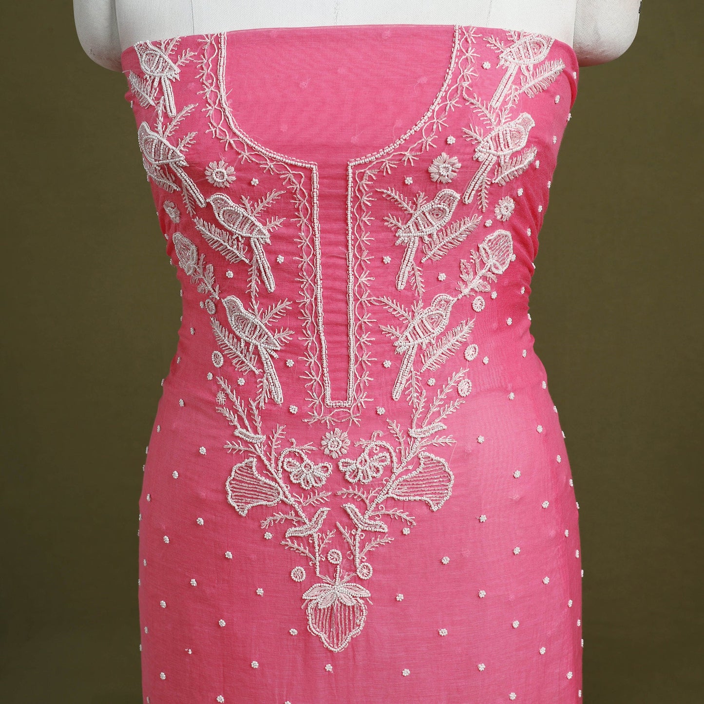 Pink Hand Embroidery 2pc Mul Chanderi Chikankari Dress Material