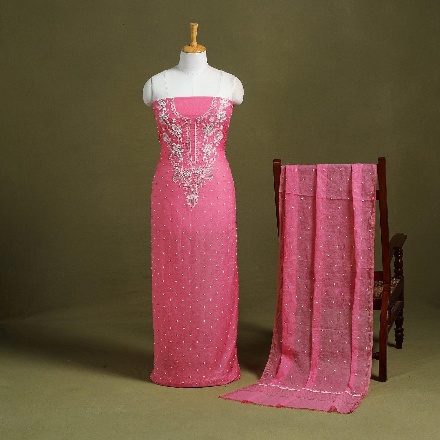 Pink Hand Embroidery 2pc Mul Chanderi Chikankari Dress Material
