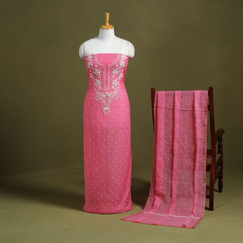 Pink Hand Embroidery 2pc Mul Chanderi Chikankari Dress Material