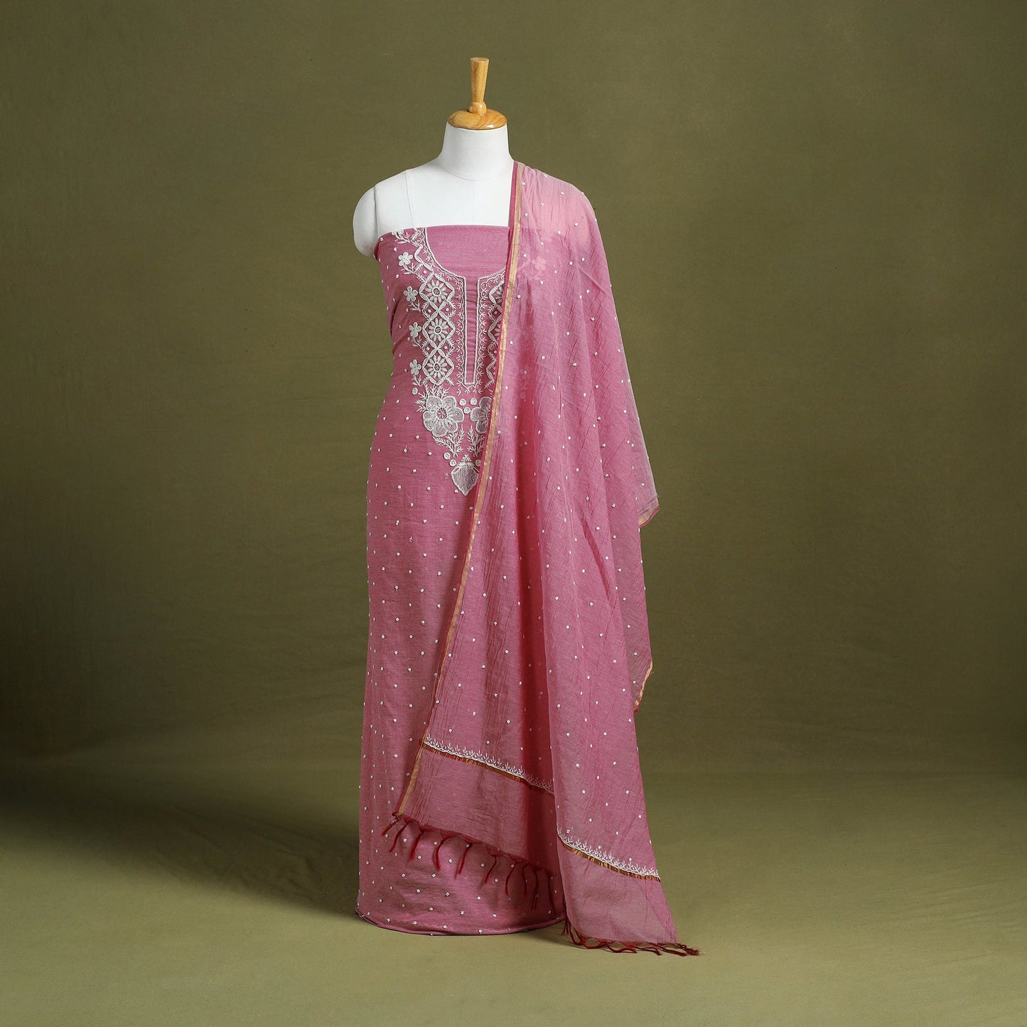Pink Hand Embroidery 2pc Mul Chanderi Chikankari Dress Material