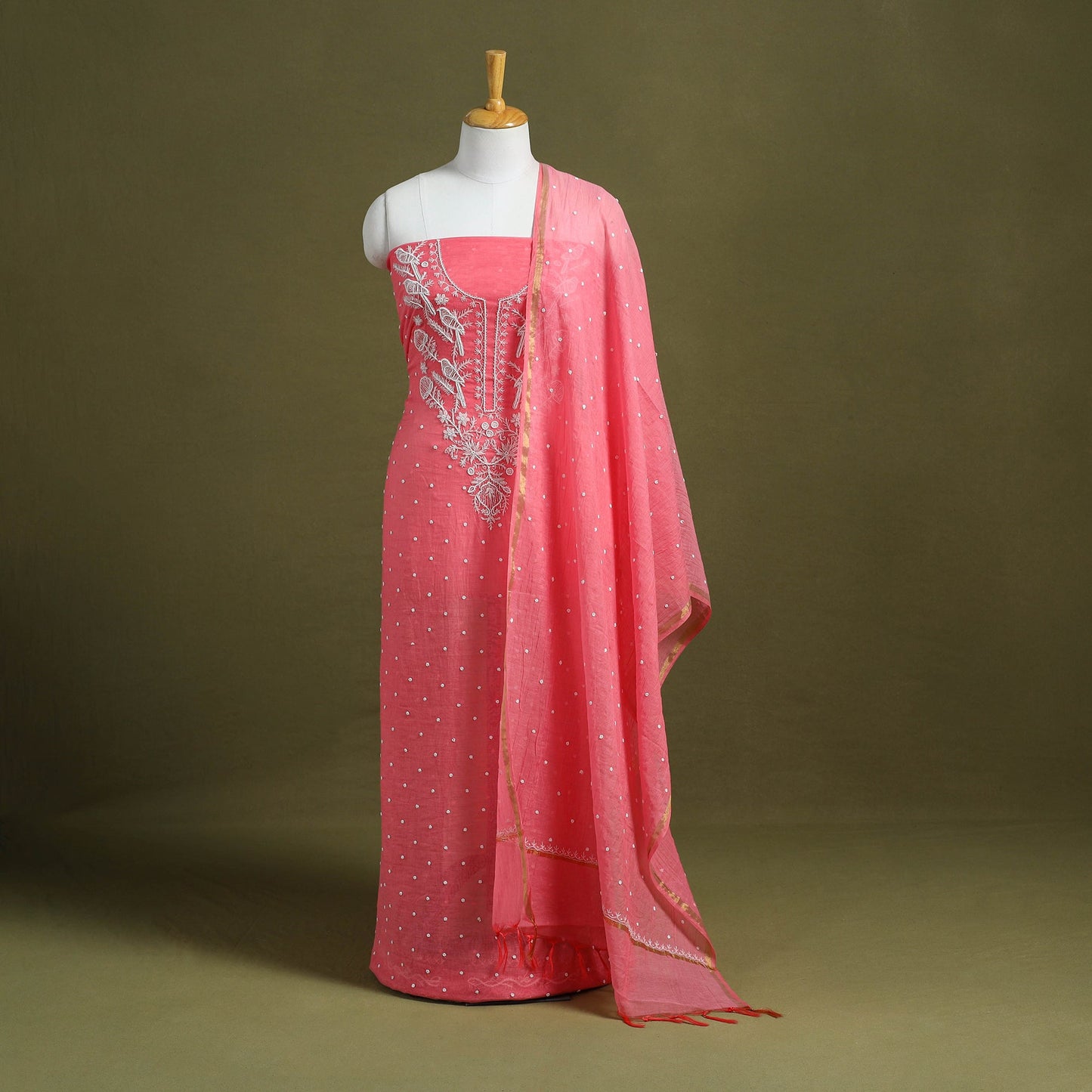 Pink Hand Embroidery 2pc Mul Chanderi Chikankari Dress Material