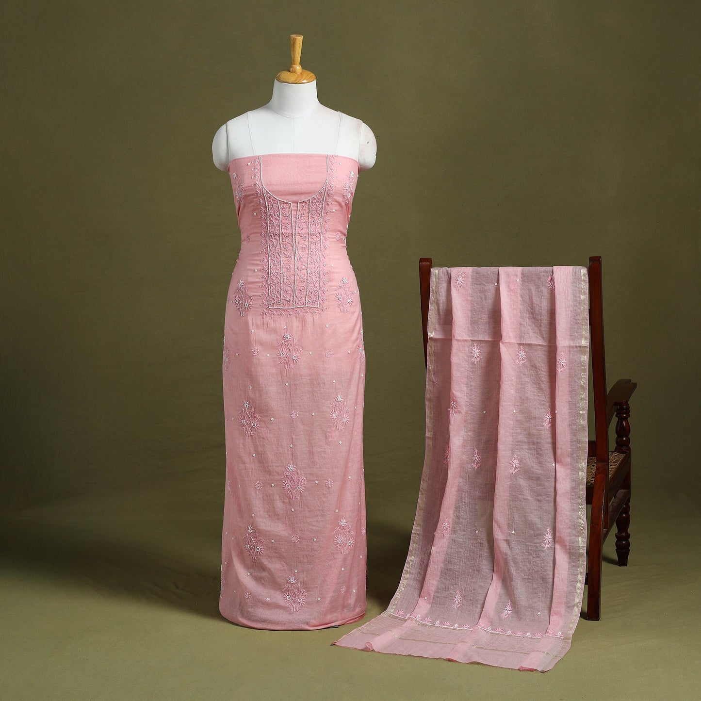 Hand Embroidery 2pc Mul Chanderi Chikankari Dress Material