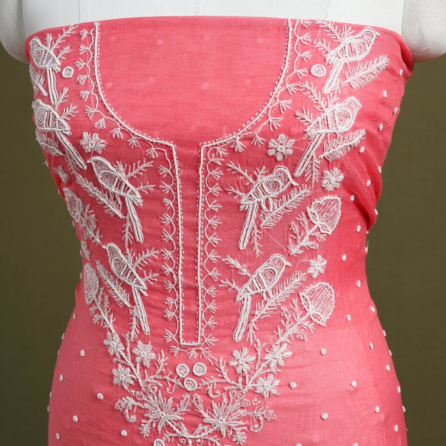 Pink Hand Embroidery 2pc Mul Chanderi Chikankari Dress Material