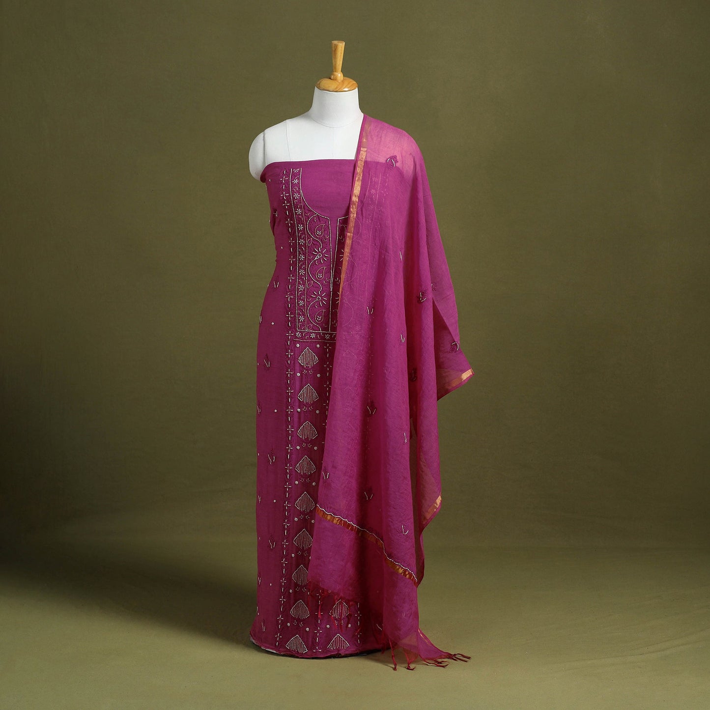 Hand Embroidery 2pc Mul Chanderi Chikankari Dress Material