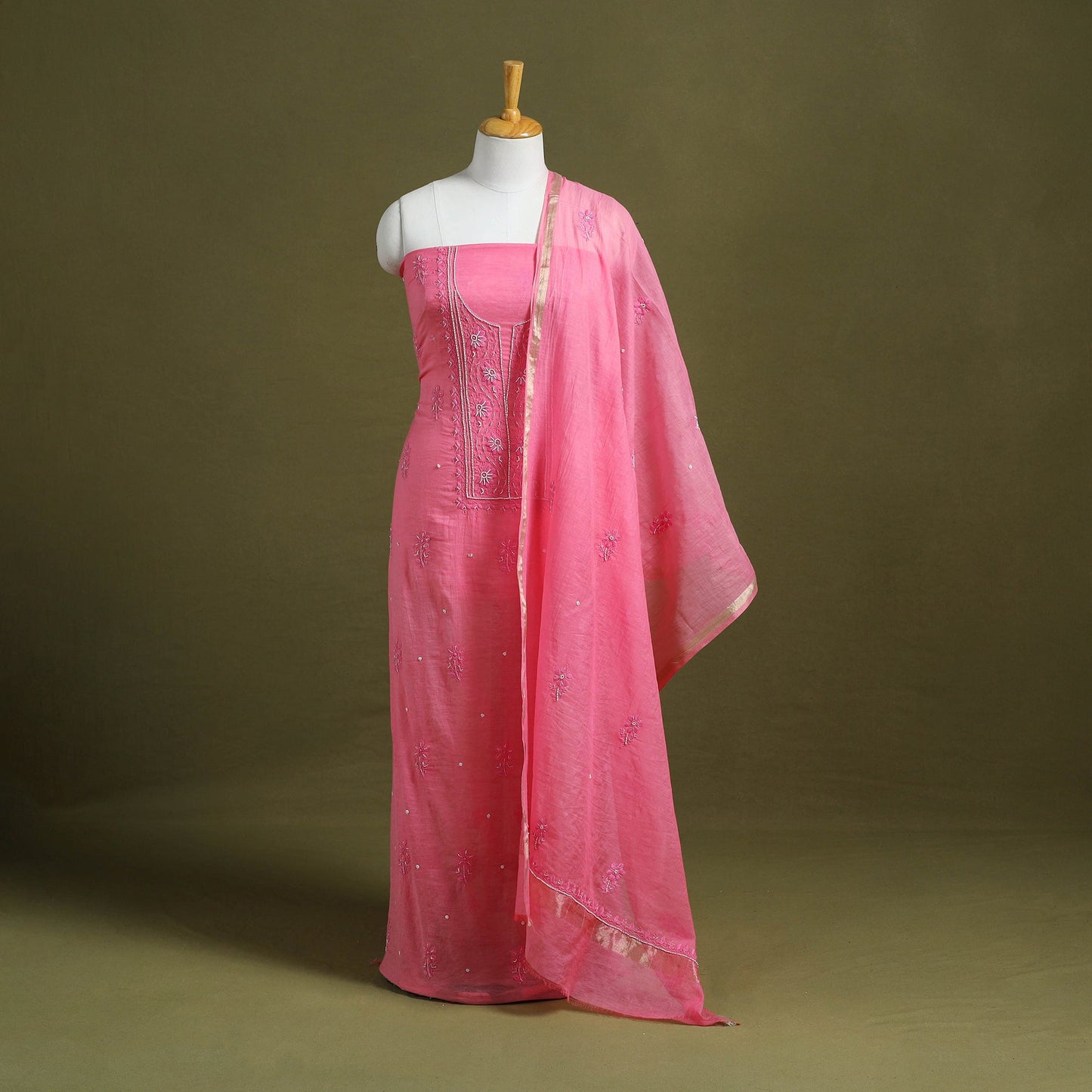 Pink Hand Embroidery 2pc Mul Chanderi Chikankari Dress Material