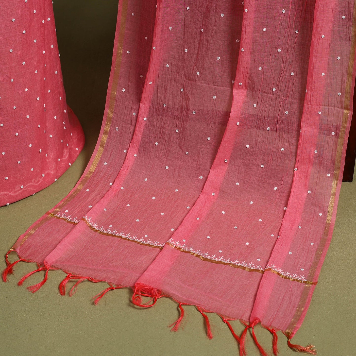 Pink Hand Embroidery 2pc Mul Chanderi Chikankari Dress Material