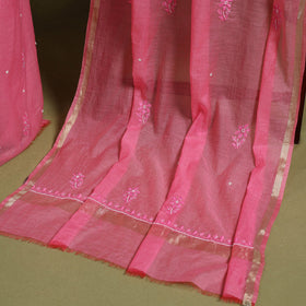 Pink Hand Embroidery 2pc Mul Chanderi Chikankari Dress Material