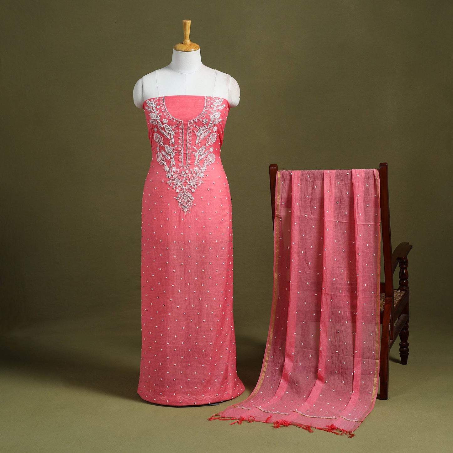 Pink Hand Embroidery 2pc Mul Chanderi Chikankari Dress Material