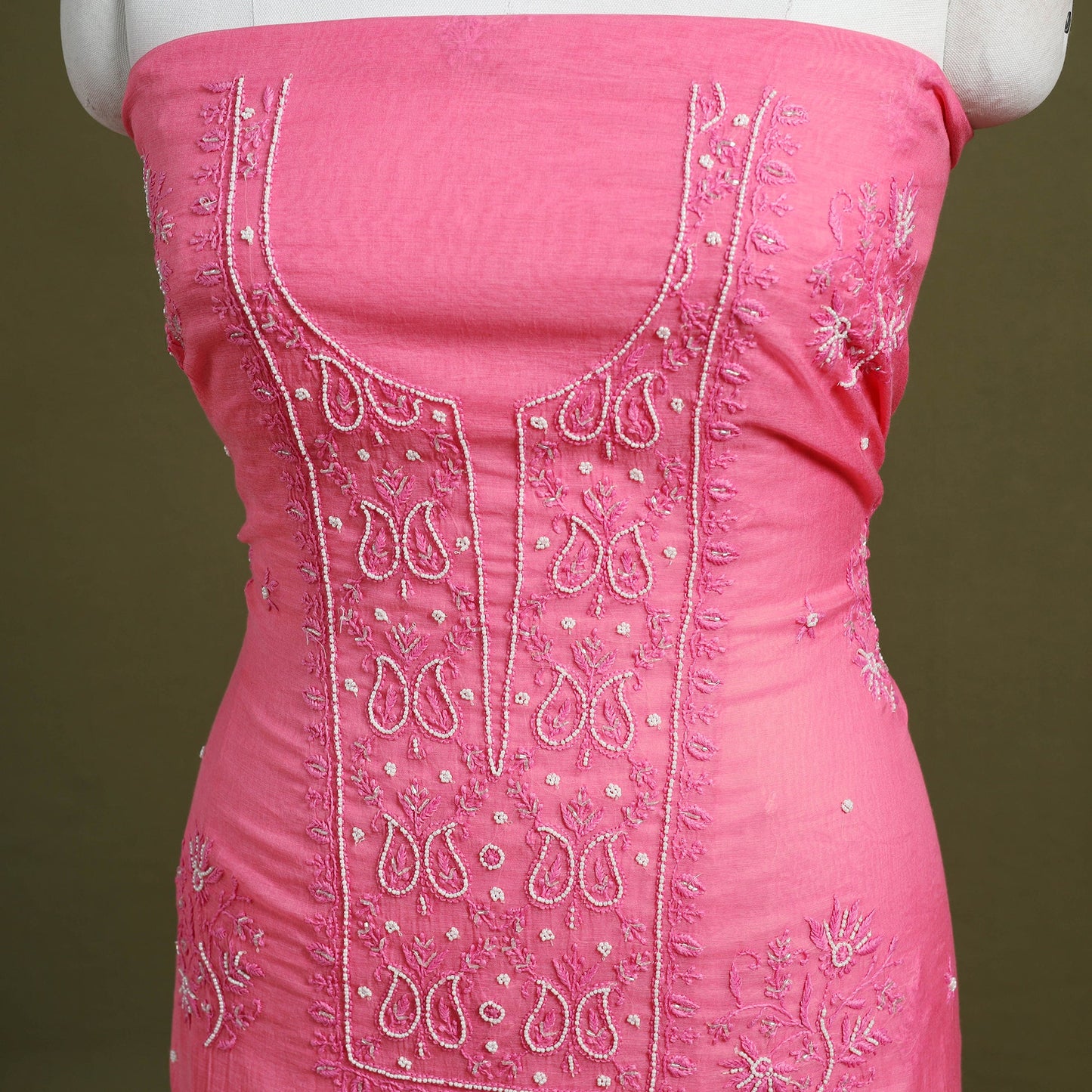 Pink Hand Embroidery 2pc Mul Chanderi Chikankari Dress Material