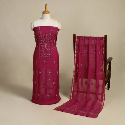 Pink Hand Embroidery 2pc Mul Chanderi Chikankari Dress Material