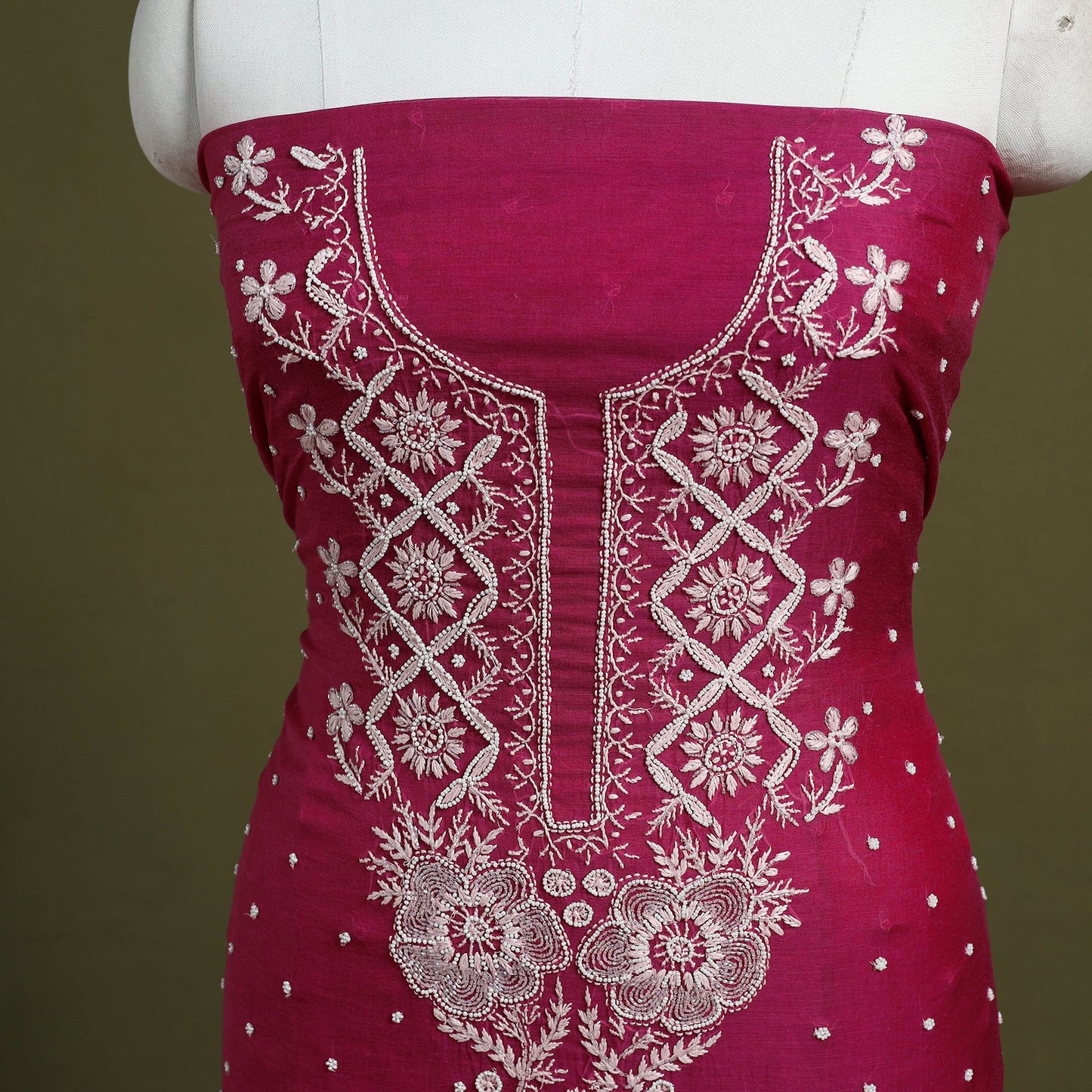 Pink Hand Embroidery 2pc Mul Chanderi Chikankari Dress Material