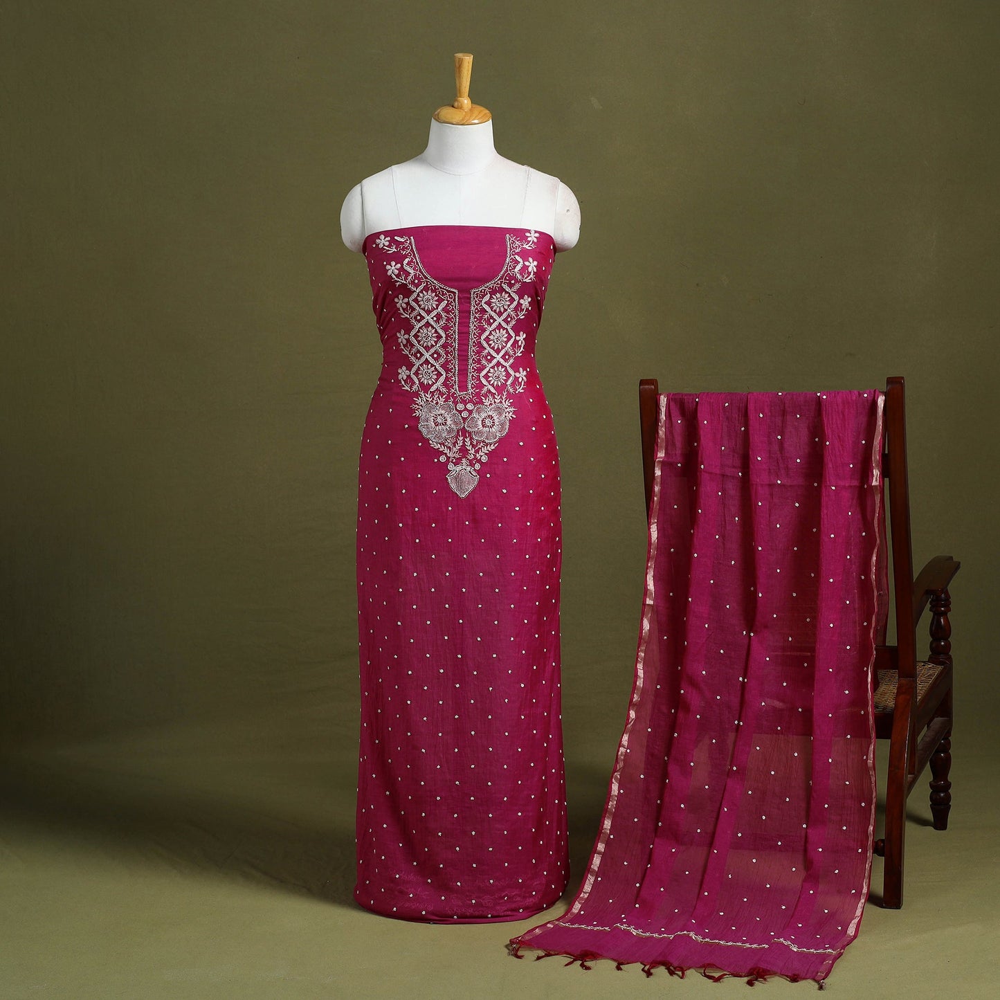 Pink Hand Embroidery 2pc Mul Chanderi Chikankari Dress Material