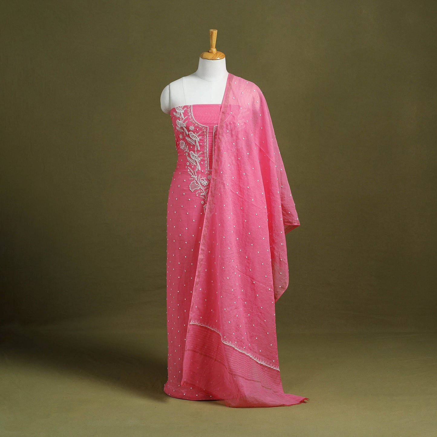 Pink Hand Embroidery 2pc Mul Chanderi Chikankari Dress Material