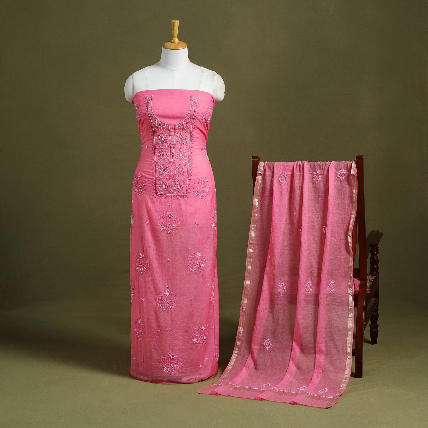 Pink Hand Embroidery 2pc Mul Chanderi Chikankari Dress Material