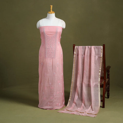 Pink Hand Embroidery 2pc Mul Chanderi Chikankari Dress Material