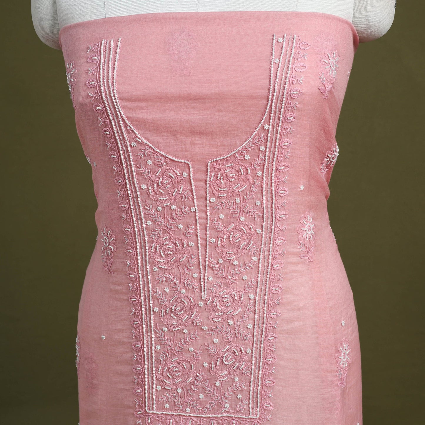 Pink Hand Embroidery 2pc Mul Chanderi Chikankari Dress Material