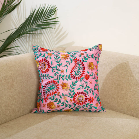 Pink Hand Embroidered Cushion Cover in Chanderi Silk