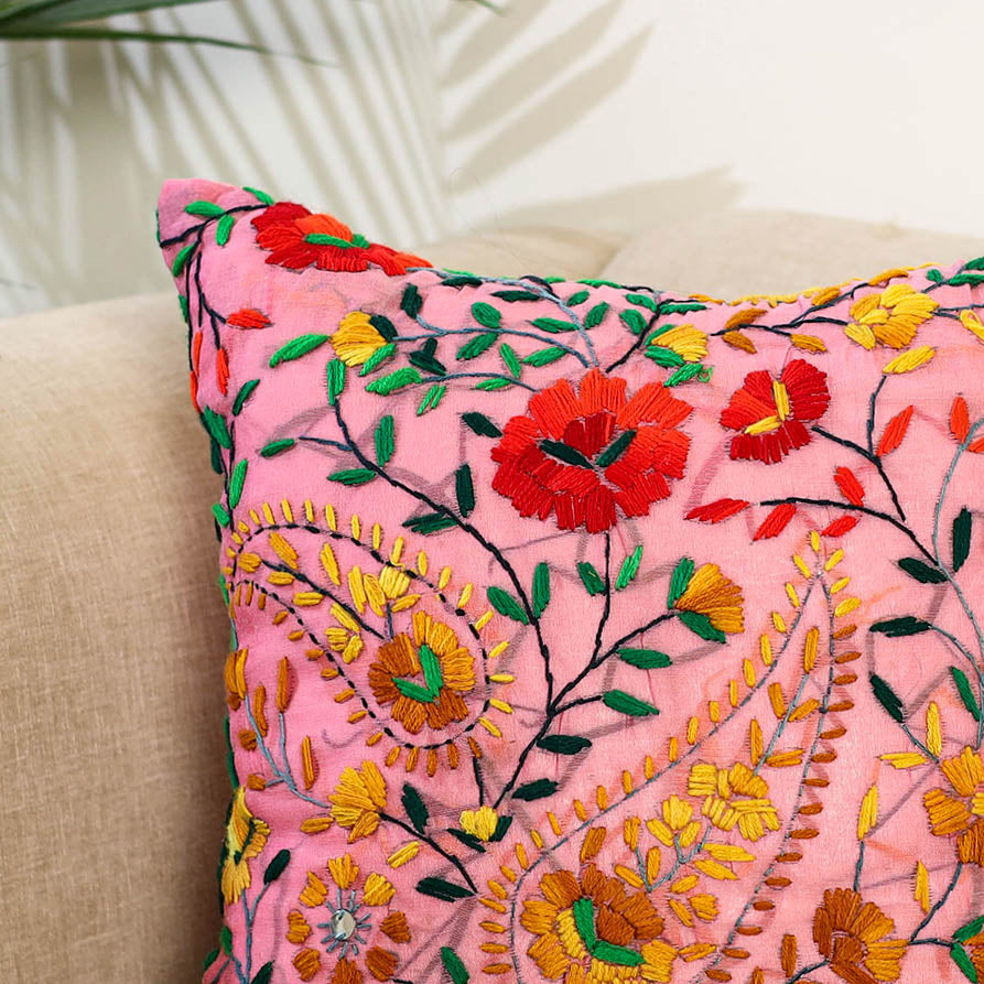 Pink Hand Embroidered Cushion Cover in Chanderi Silk