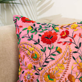 Pink Hand Embroidered Cushion Cover in Chanderi Silk