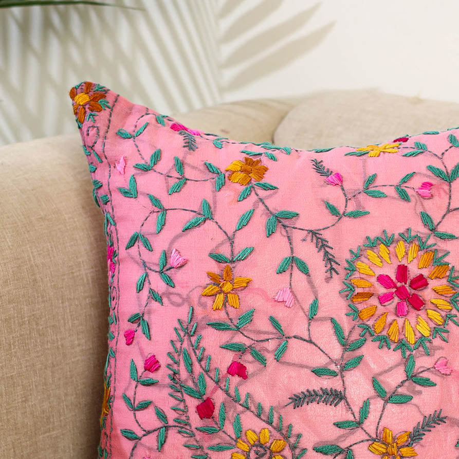 Pink Hand Embroidered Cushion Cover in Chanderi Silk