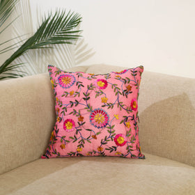 Pink Hand Embroidered Cushion Cover in Chanderi Silk