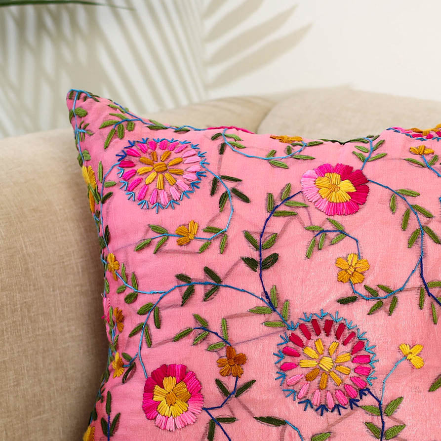 Pink Hand Embroidered Cushion Cover in Chanderi Silk