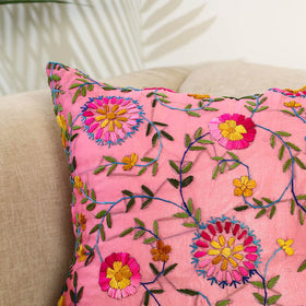 Pink Hand Embroidered Cushion Cover in Chanderi Silk