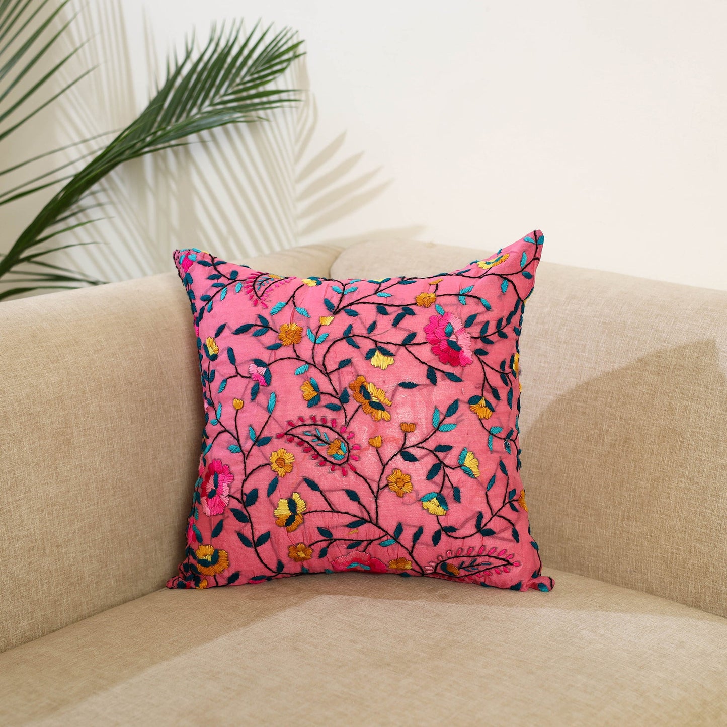 Pink Hand Embroidered Cushion Cover in Chanderi Silk