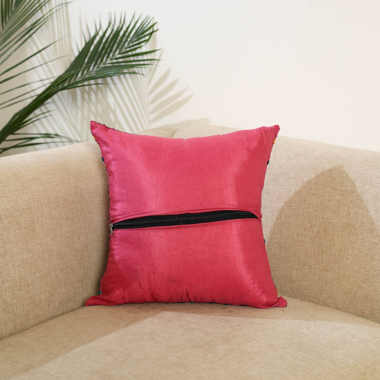 Pink Hand Embroidered Cushion Cover in Chanderi Silk