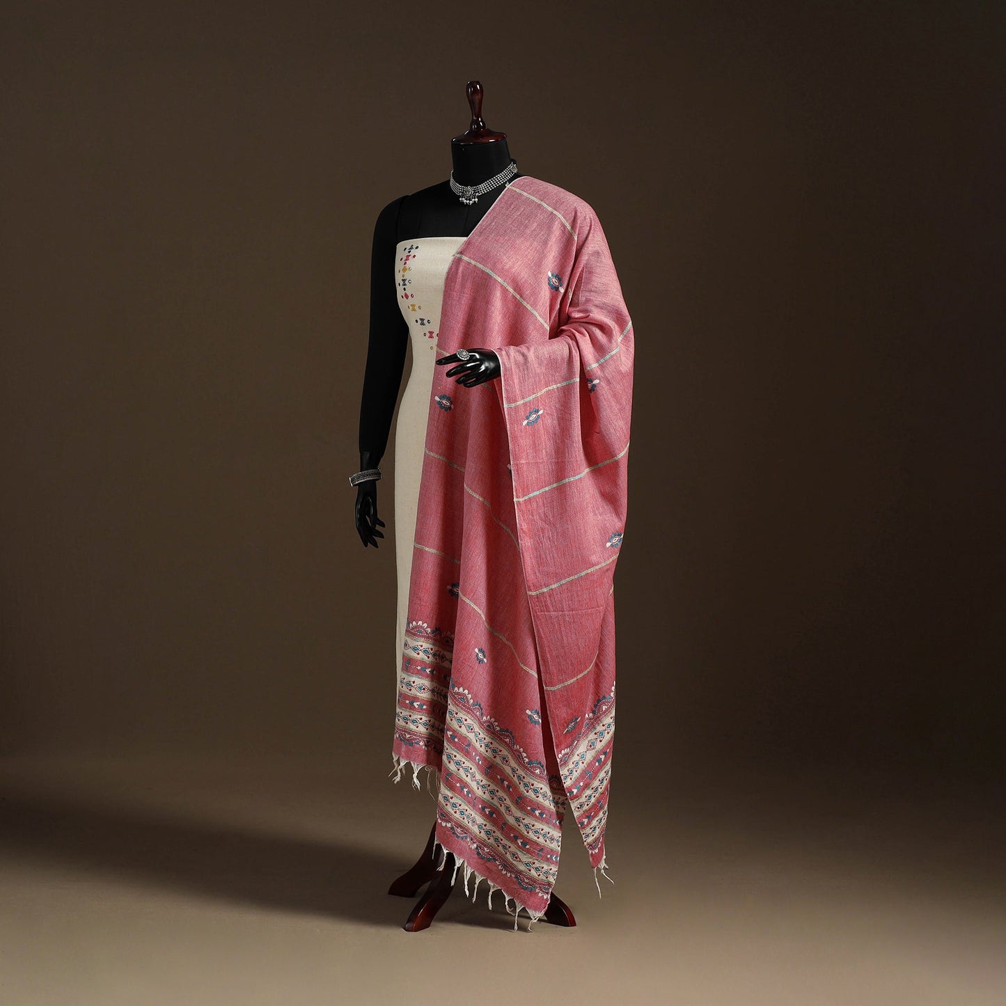 Pink Hand Embroidery Khes Handwoven Cotton Kantha Dupatta