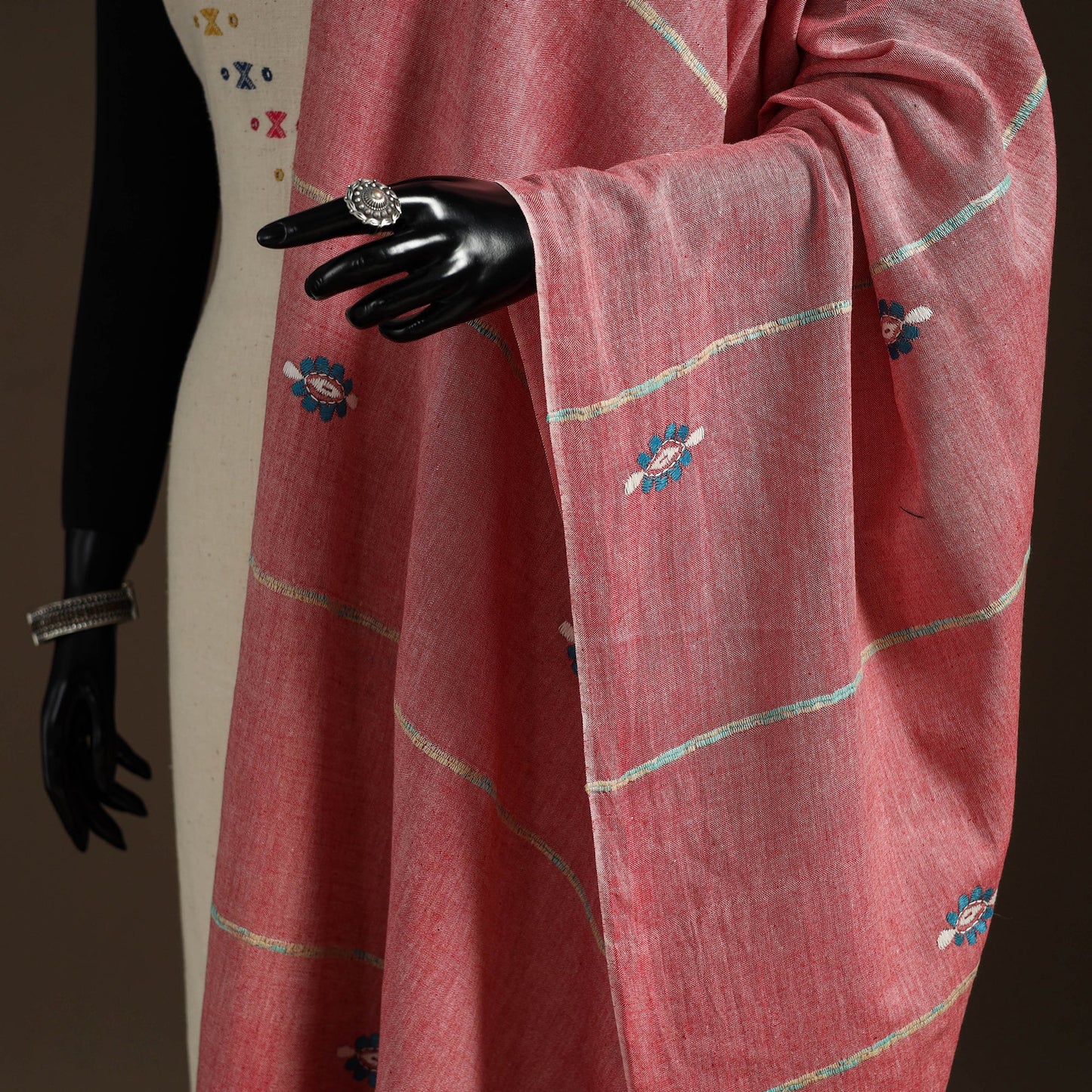 Pink Hand Embroidery Khes Handwoven Cotton Kantha Dupatta