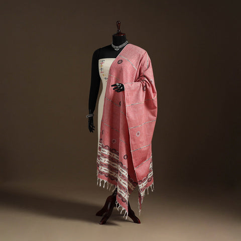 Pink - hand embroidery khes handwoven cotton kantha dupatta