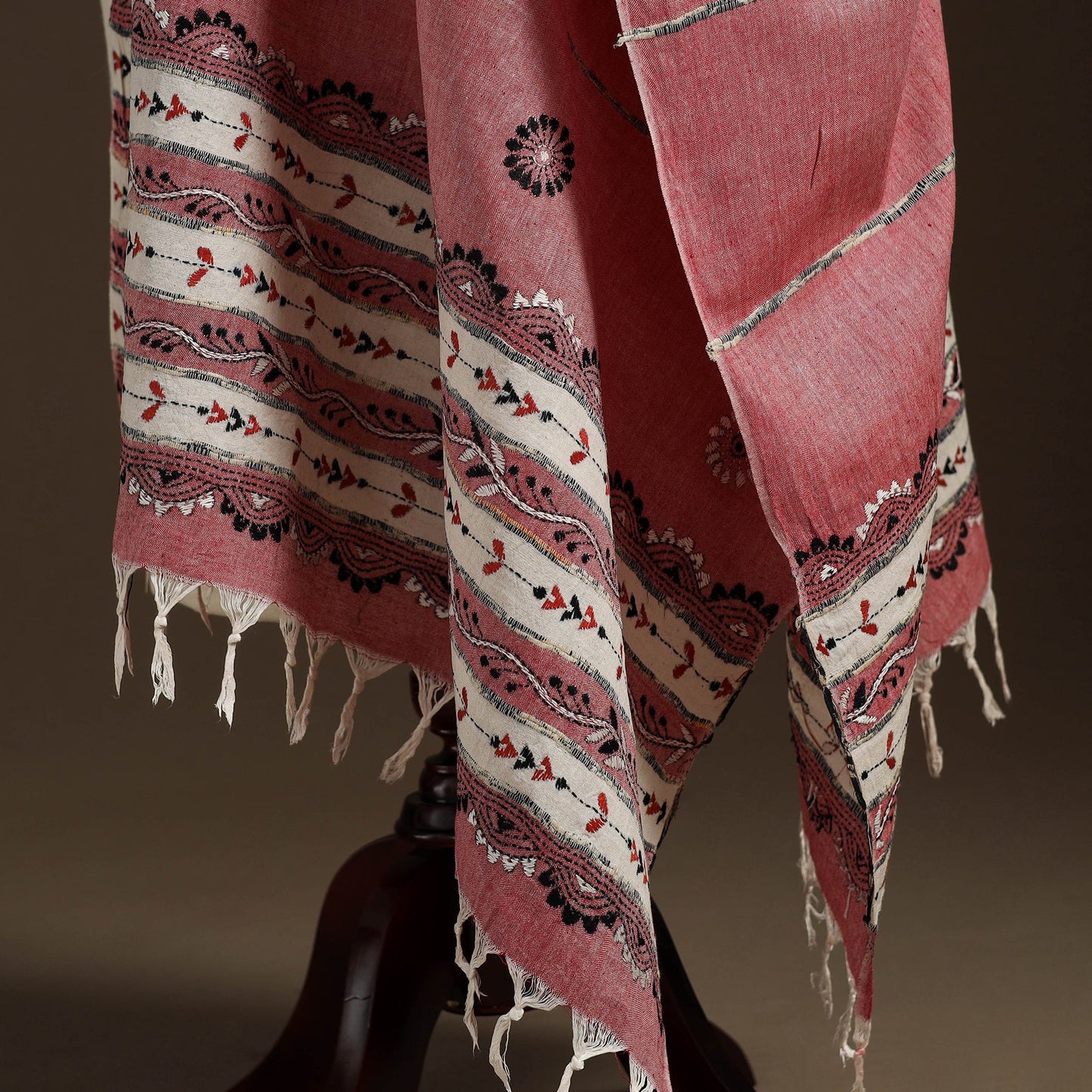 Pink - hand embroidery khes handwoven cotton kantha dupatta