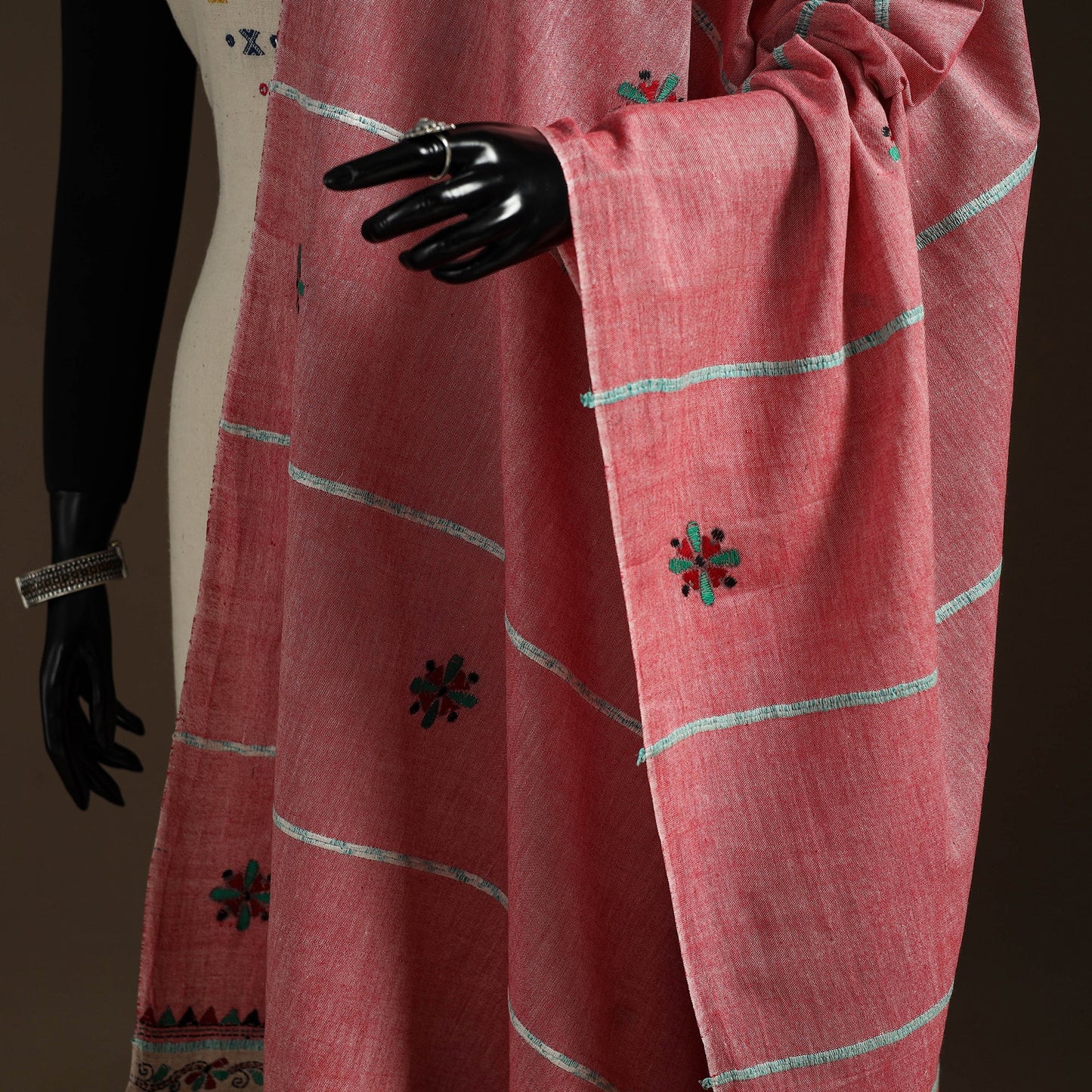 Pink - hand embroidery khes handwoven cotton kantha dupatta