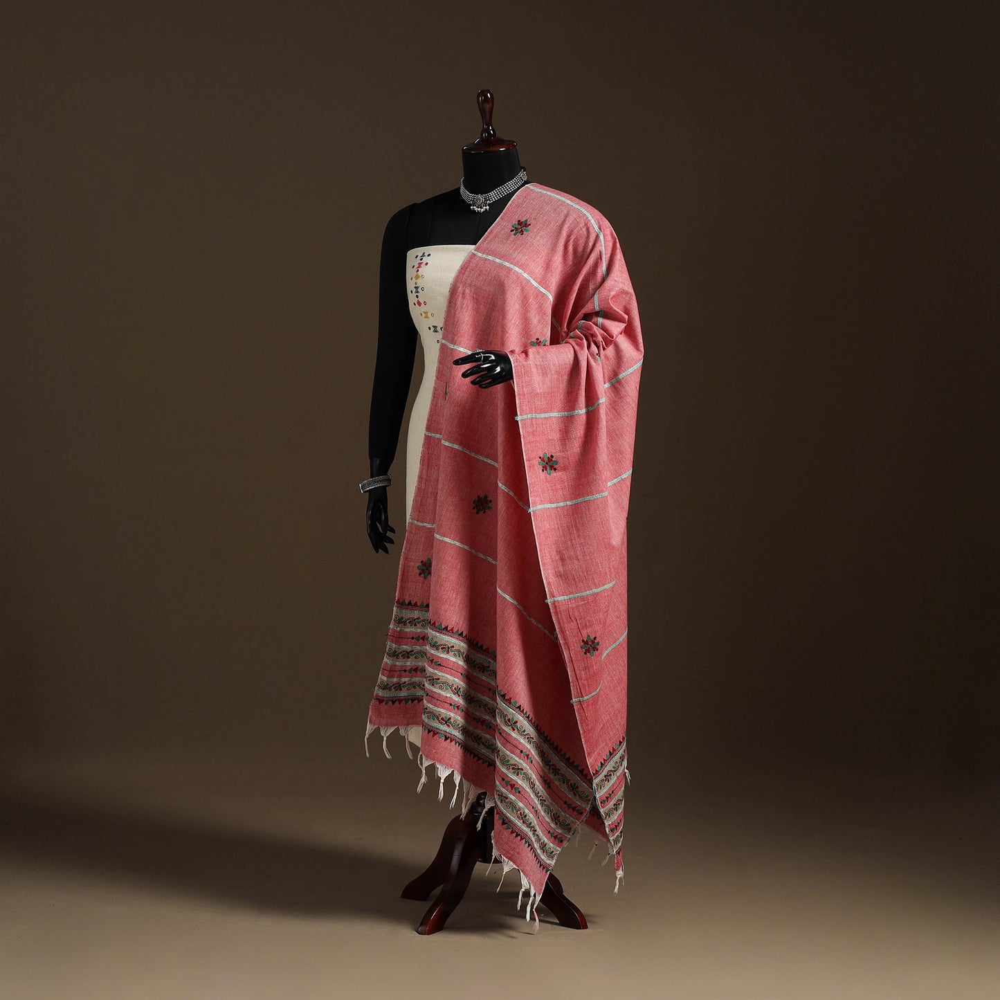 Pink - hand embroidery khes handwoven cotton kantha dupatta
