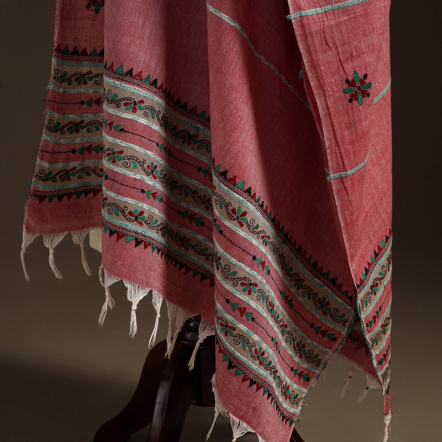 Pink - hand embroidery khes handwoven cotton kantha dupatta