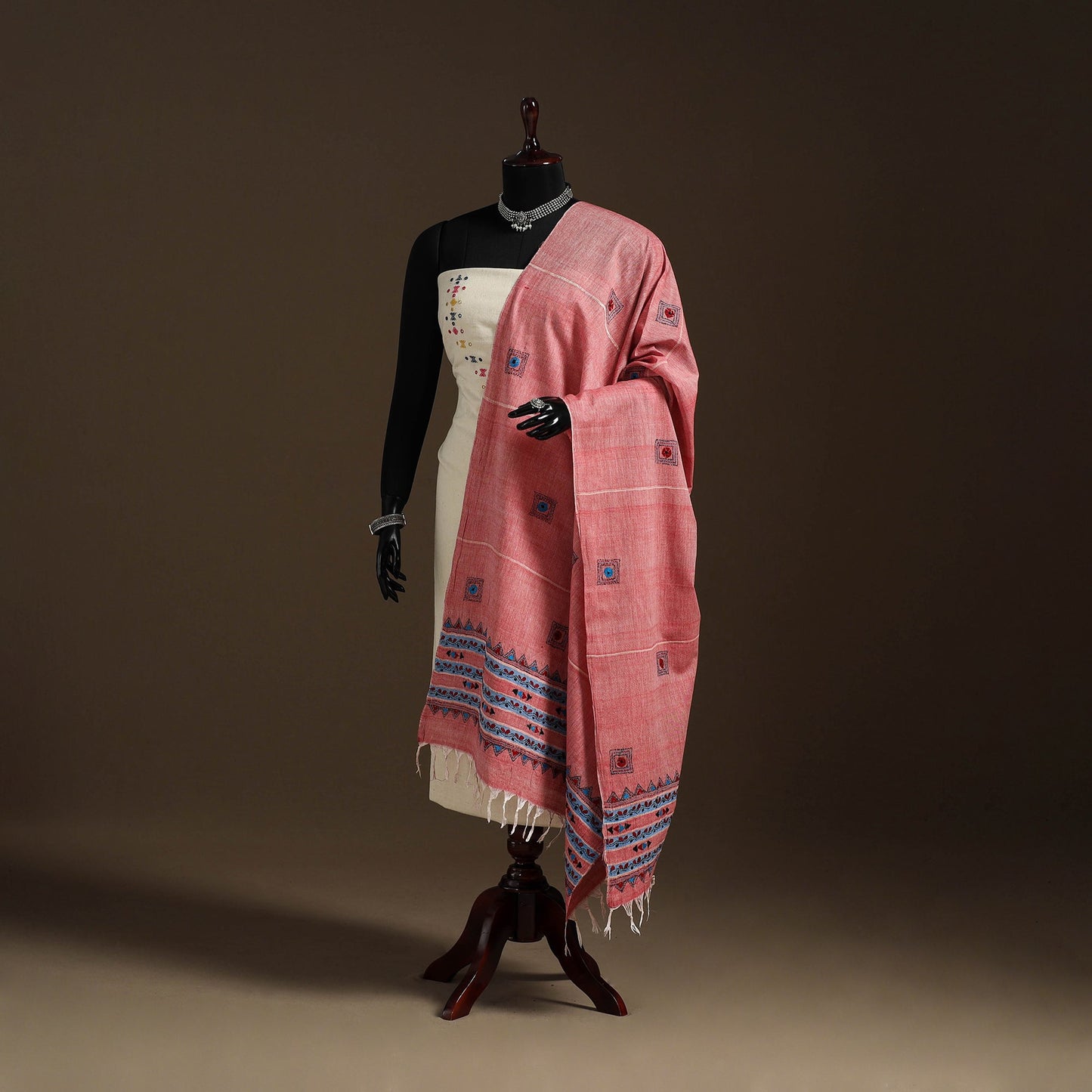 Pink Hand Embroidery Khes Handwoven Cotton Kantha Dupatta