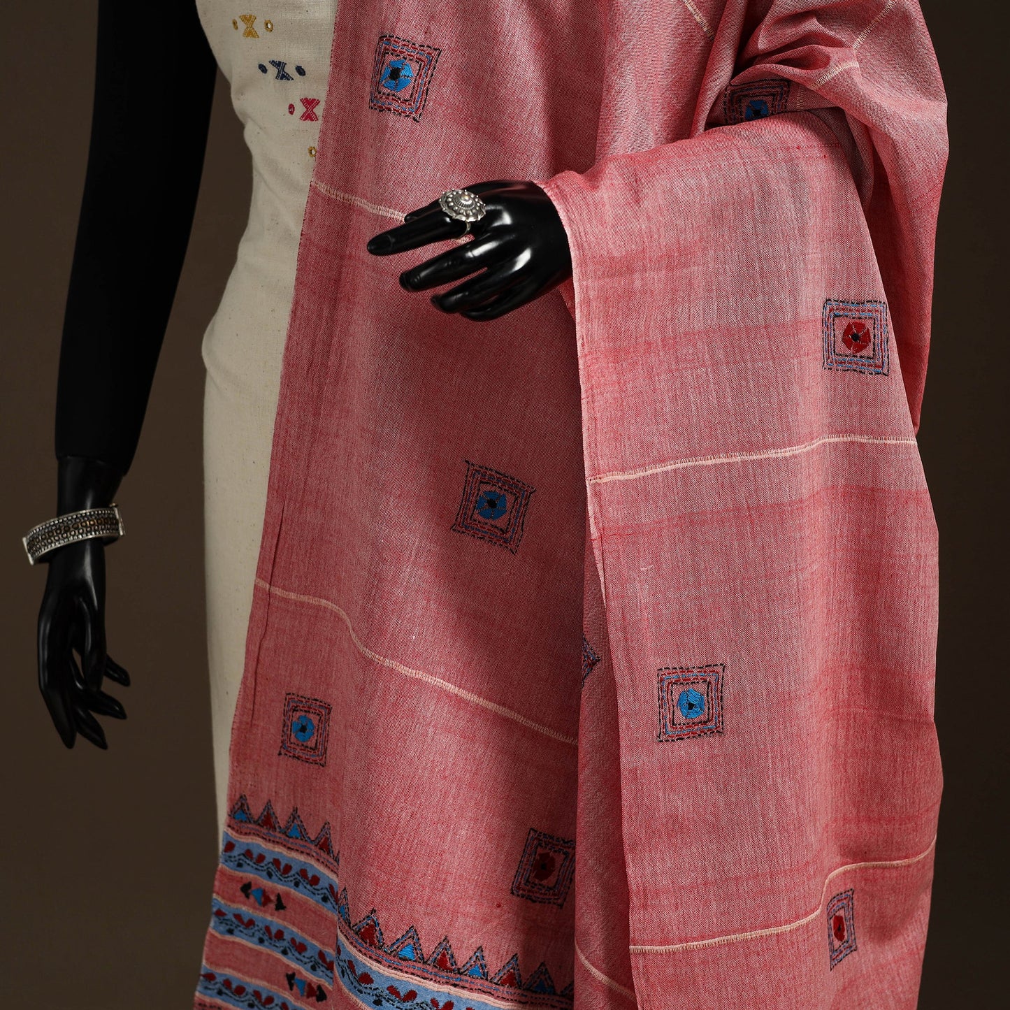 Pink Hand Embroidery Khes Handwoven Cotton Kantha Dupatta