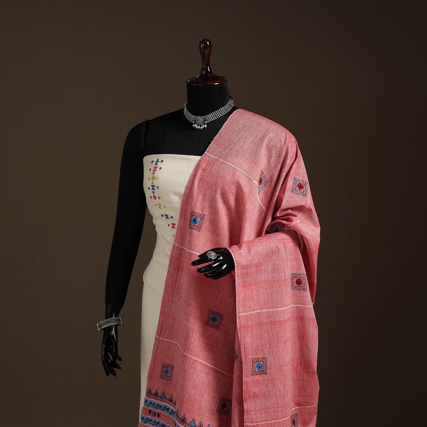 Pink Hand Embroidery Khes Handwoven Cotton Kantha Dupatta