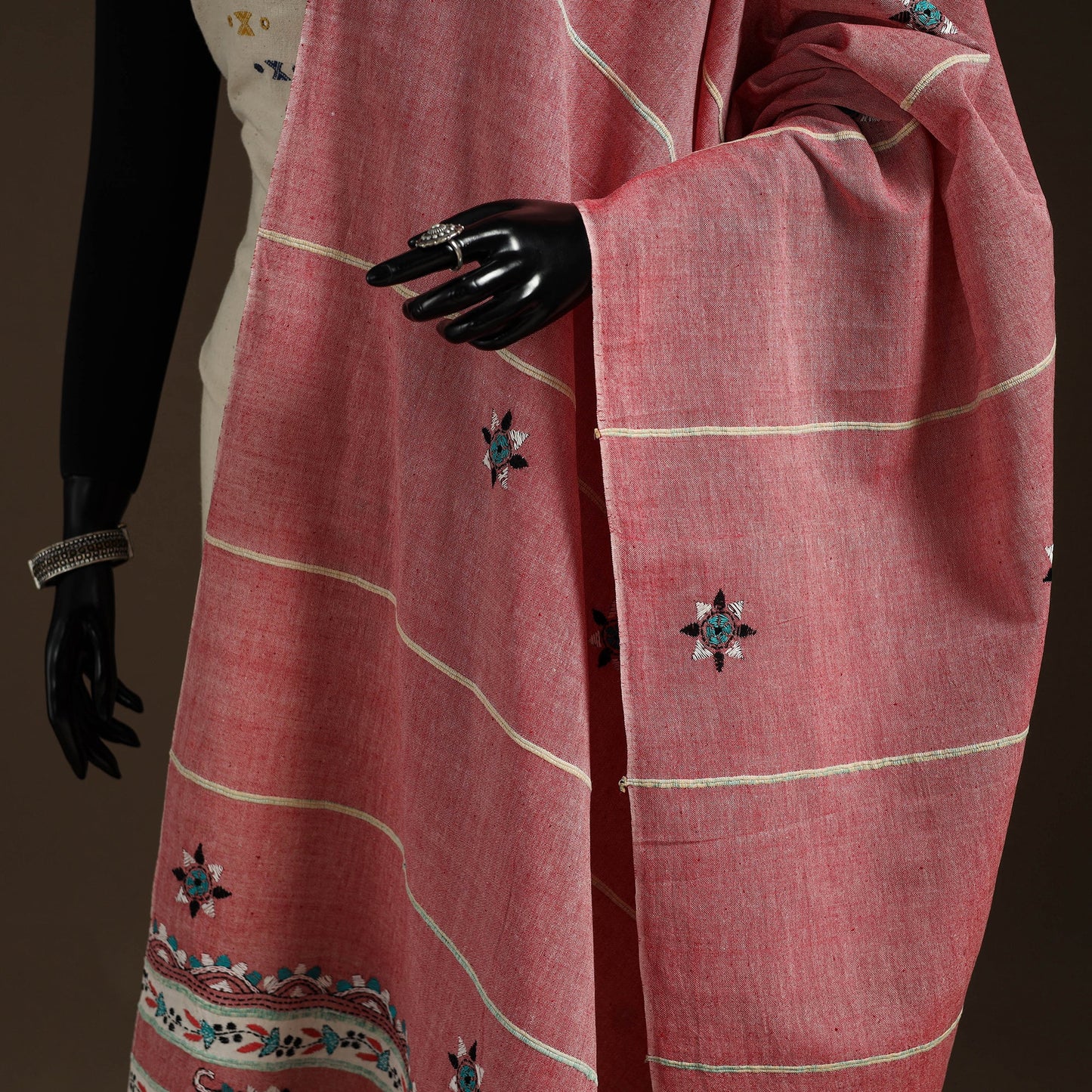 Pink Hand Embroidery Khes Handwoven Cotton Kantha Dupatta