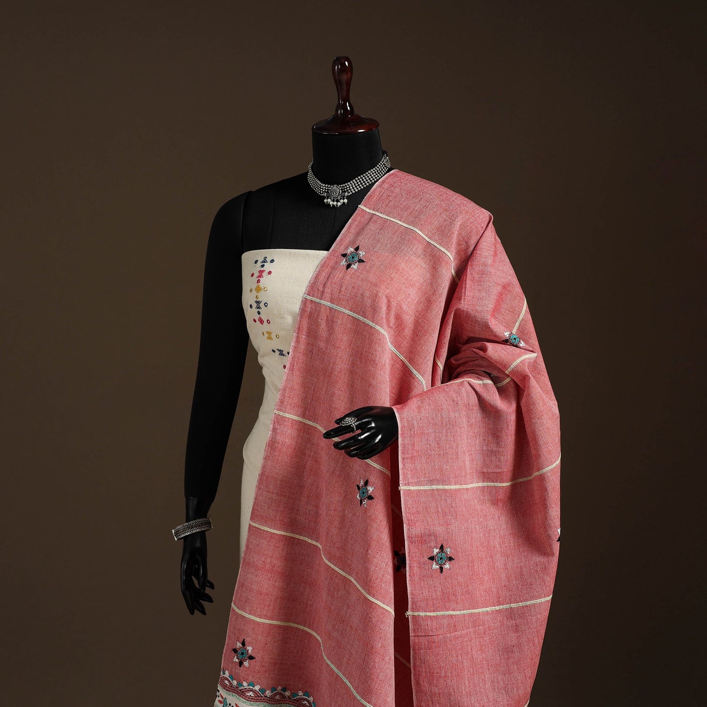 Pink Hand Embroidery Khes Handwoven Cotton Kantha Dupatta