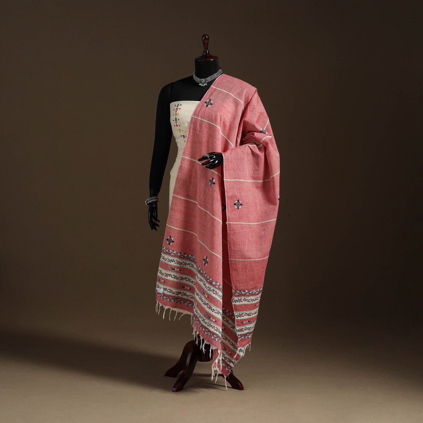 Pink Hand Embroidery Khes Handwoven Cotton Kantha Dupatta