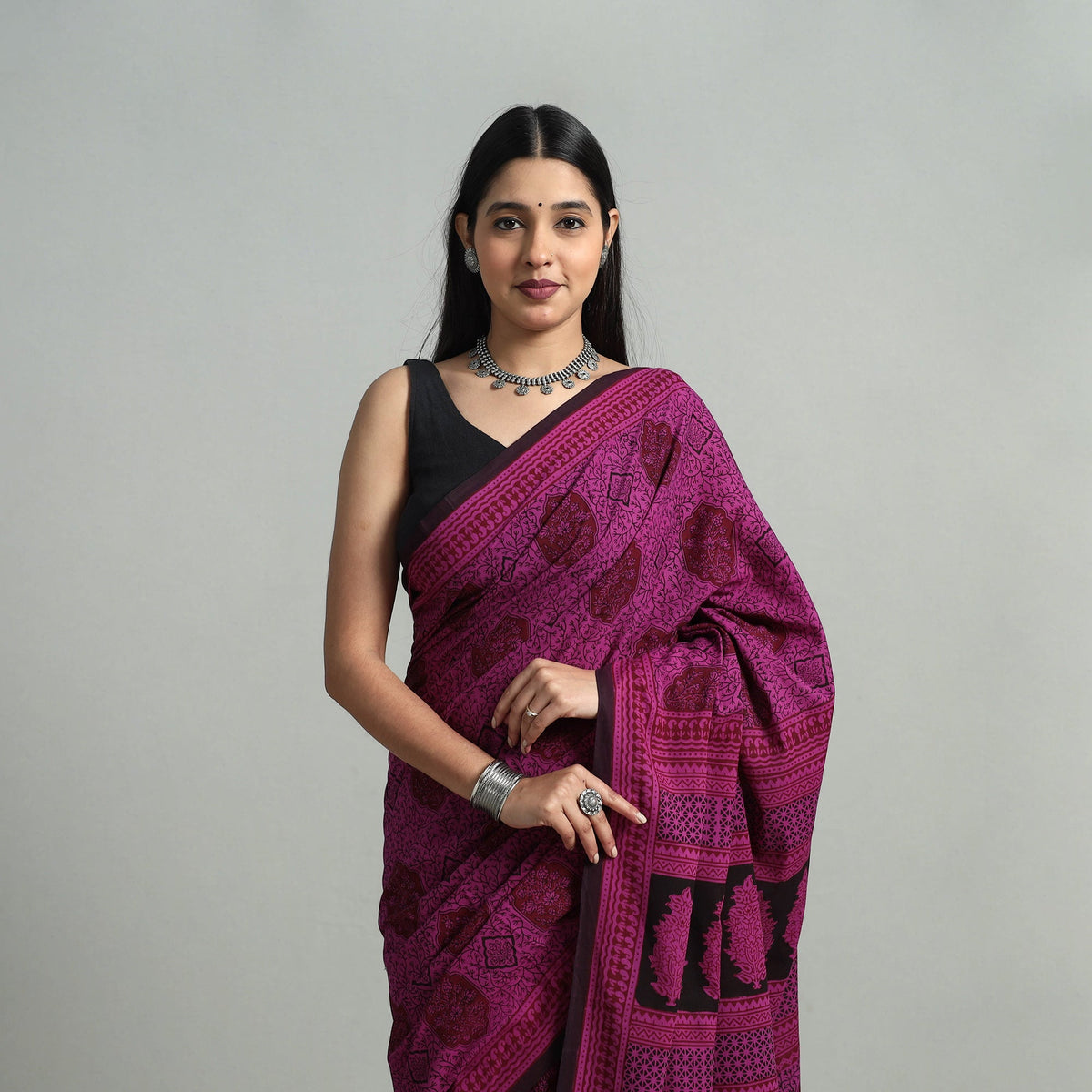Pink Hand Block Printed Natural Dyed Cotton Bagh Saree